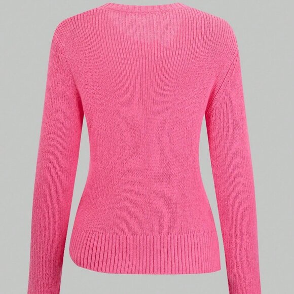 Pink Casual Women's Front Button Knit Top With Asymmetric Hem & Round Sweater - Picture 3 of 6